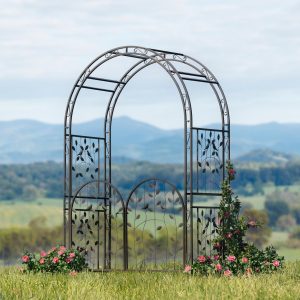 Metal Arched Birds and Leaves Garden Arbor with Gate