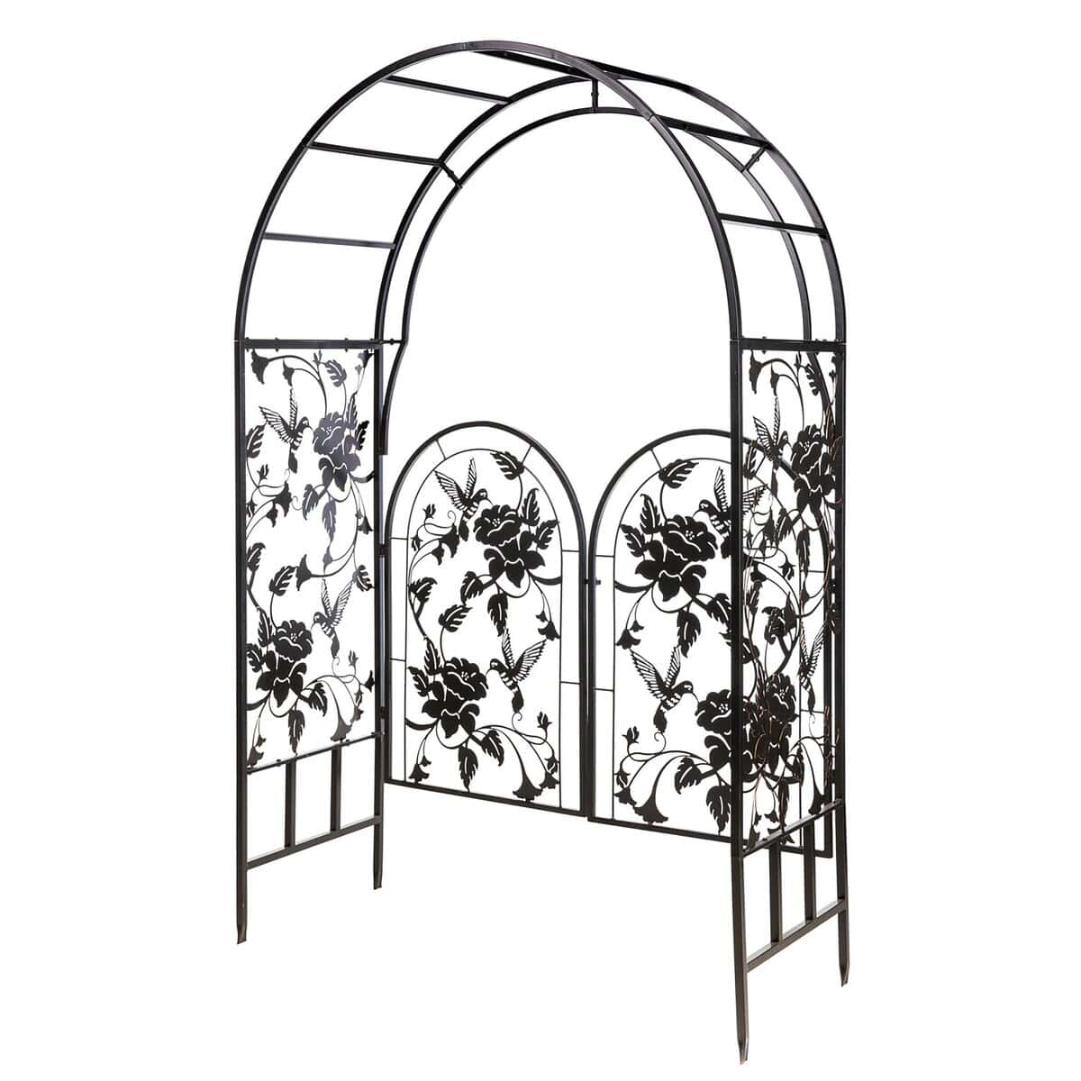 Metal Arched Hummingbird Garden Arbor with Gate