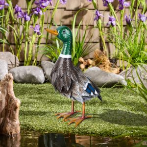 Metal Mallard Duck Garden Statue, Looking Up Pose. 16"H