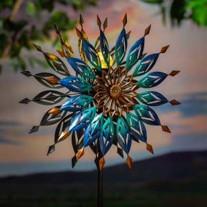 Metal Solar Wind Spinner, Blue Butterfly & Flowers, 74"H
