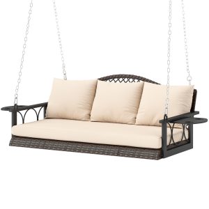 Outsunny 3 Person Wicker Hanging Outdoor Patio Porch Swing Bench with Cup Holders, Cushions, and Chains, Brown | Aosom.com