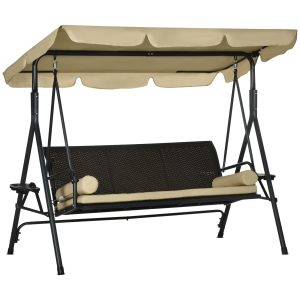 Outsunny 3-Seat Outdoor Porch Swing, with Adjustable Canopy, Removable Cushion, Pillows, Adjustable Shade, and Rattan Seat, Khaki | Aosom.com