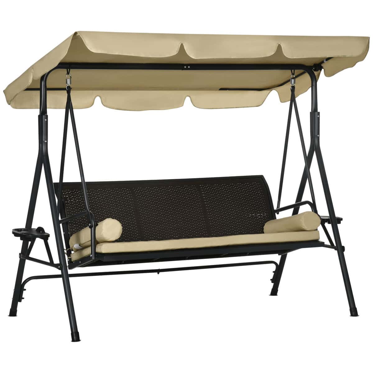 Outsunny 3-Seat Outdoor Porch Swing, with Adjustable Canopy, Removable Cushion, Pillows, Adjustable Shade, and Rattan Seat, Khaki | Aosom.com