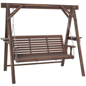 Outsunny 3 Seat Wooden Porch Swing with Stand, Patio Swing with Side Tables, for Garden, Poolside, Backyard, Carbonized Brown