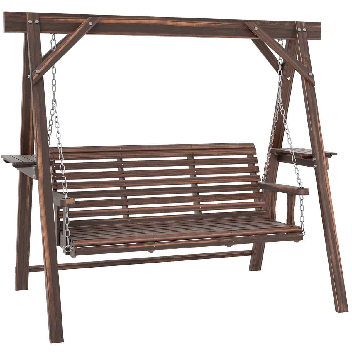 Outsunny 3 Seat Wooden Porch Swing with Stand, Patio Swing with Side Tables, for Garden, Poolside, Backyard, Carbonized Brown
