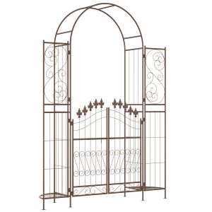 Outsunny 7' Metal Garden Arbor, with Locking Gate, Water-Resistant, Fleur De Lis Motif, Planter Shelves for Backyard, Lawn, Brown | Aosom.com
