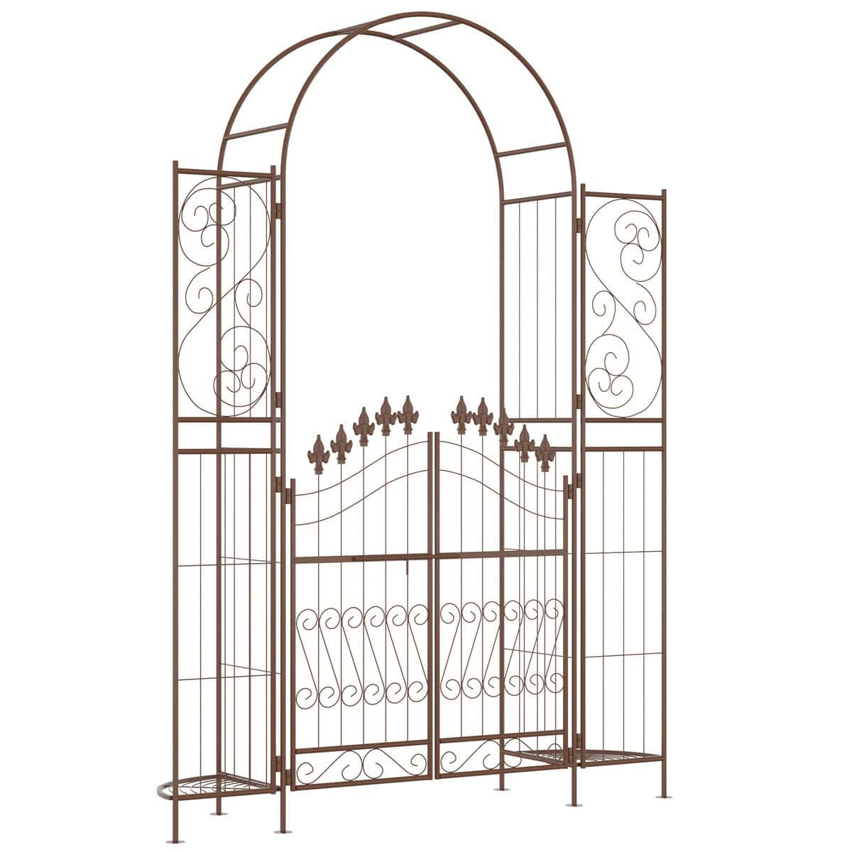 Outsunny 7' Metal Garden Arbor, with Locking Gate, Water-Resistant, Fleur De Lis Motif, Planter Shelves for Backyard, Lawn, Brown | Aosom.com