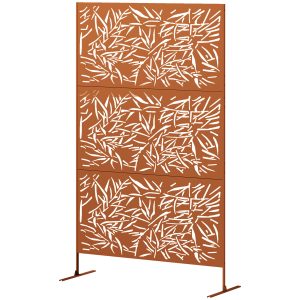 Outsunny Decorative Privacy Fence Screen, Metal Outdoor Privacy Screen Climbing Plant Trellis with Stand, Bamboo Brown