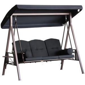 Outsunny Patio Swing 3-Person Steel Canopy Bench with Side Trays Padded Comfort in Black | Aosom.com