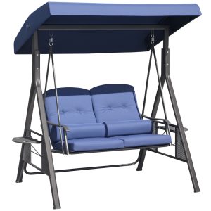 Outsunny Patio Swing Bench Steel Frame, 43.25" Wide, Adjustable Shade Canopy, Soft Cushions, Throw Pillows, Tray, Dark Blue | Aosom.com