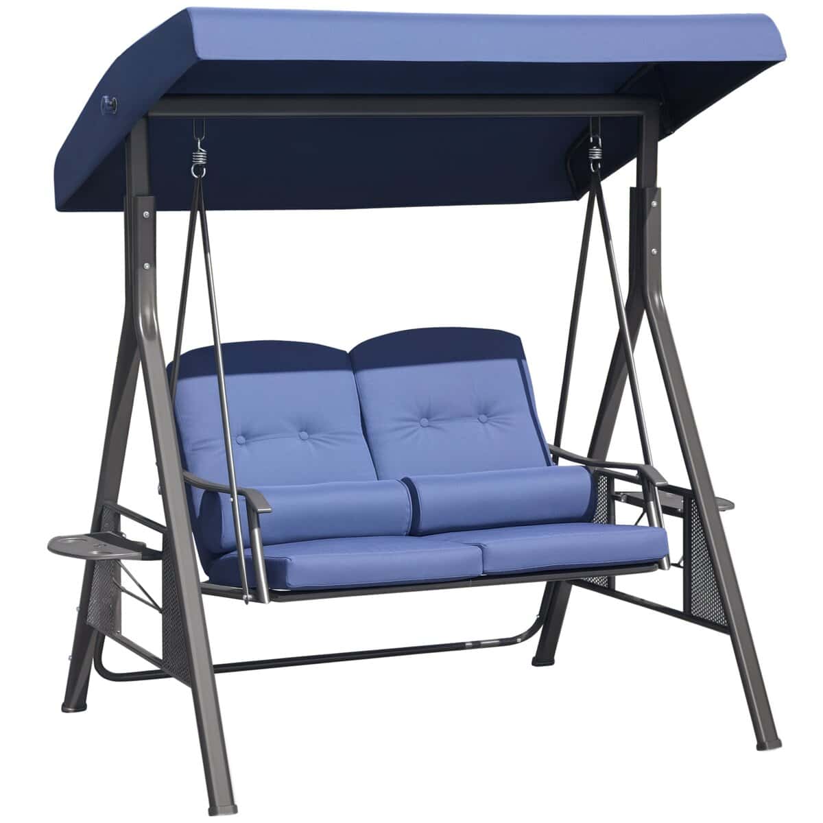 Outsunny Patio Swing Bench Steel Frame, 43.25" Wide, Adjustable Shade Canopy, Soft Cushions, Throw Pillows, Tray, Dark Blue | Aosom.com