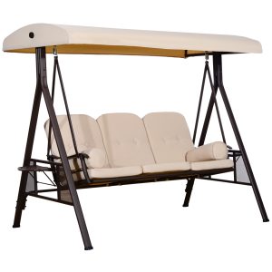 Outsunny Patio Swing Sanctuary: 3-Seat, Canopy Shade, Removable Cushions, Side Trays in Beige Elegance