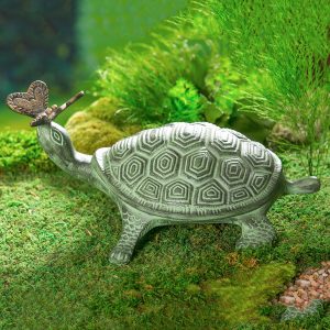 Palm Beach Garden Statue, Verdigris Metal Turtle and Butterfly, 14"L