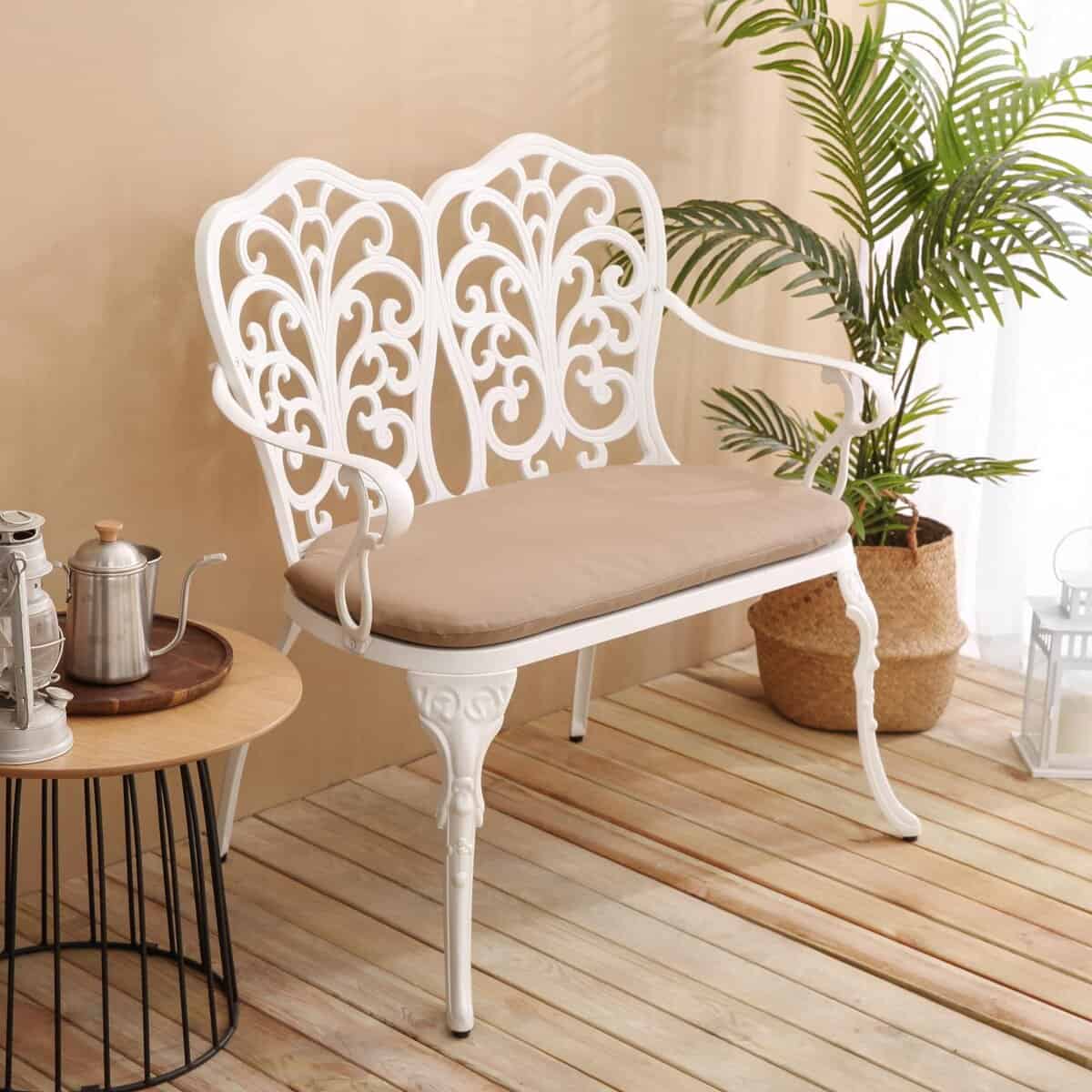Patio Garden Bench with Floral Rose Design, Seat Cushion, Outdoor Park Bench with Cast Aluminum Frame, 34.5" L x 22.5" W x 34.5" H, White| Aosom.com