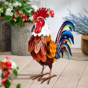 Petal & Plow Garden Statue, Metal Colorful Rooster 12"H