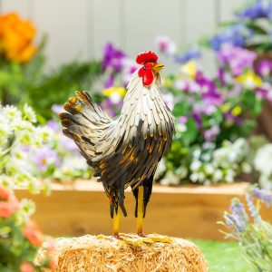 Petal & Plow Garden Statue, Metal Hen Garden Statue, Black and White Feathers, 14"H