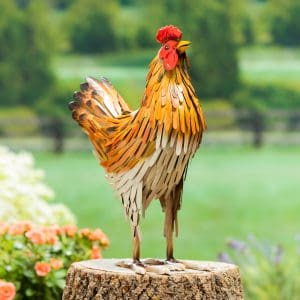 Petal & Plow Garden Statue, Metal Hen Statue, Brown Feathers, 14"H