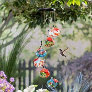 Pollinator Garden Bird Feeder, Art Glass Hanging Hummingbird Feeder, Dark Blue