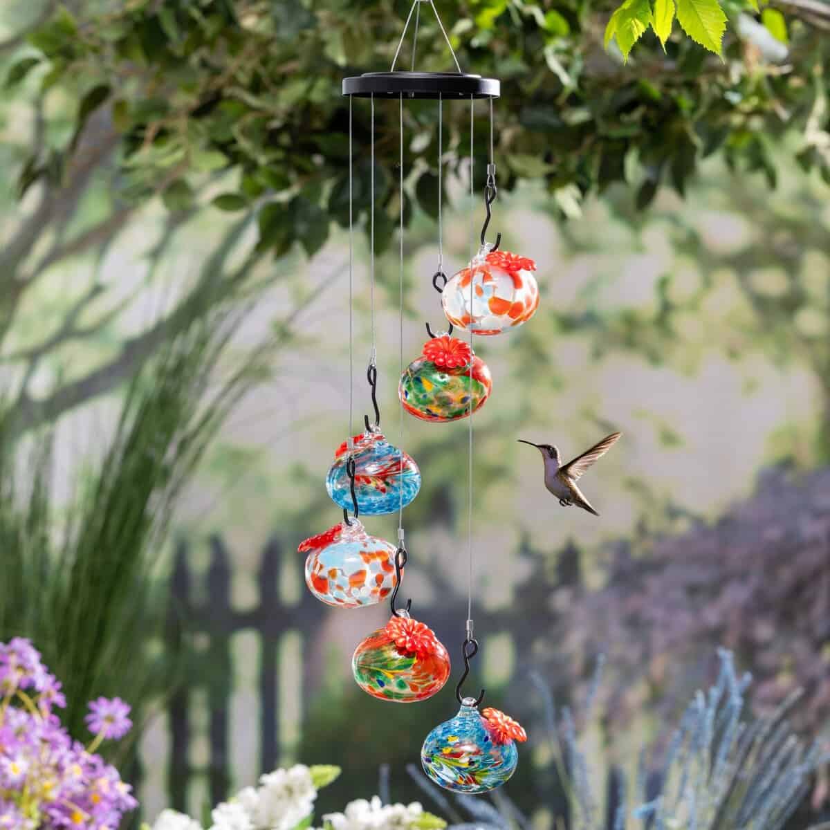 Pollinator Garden Bird Feeder, Art Glass Hanging Hummingbird Feeder, Dark Blue