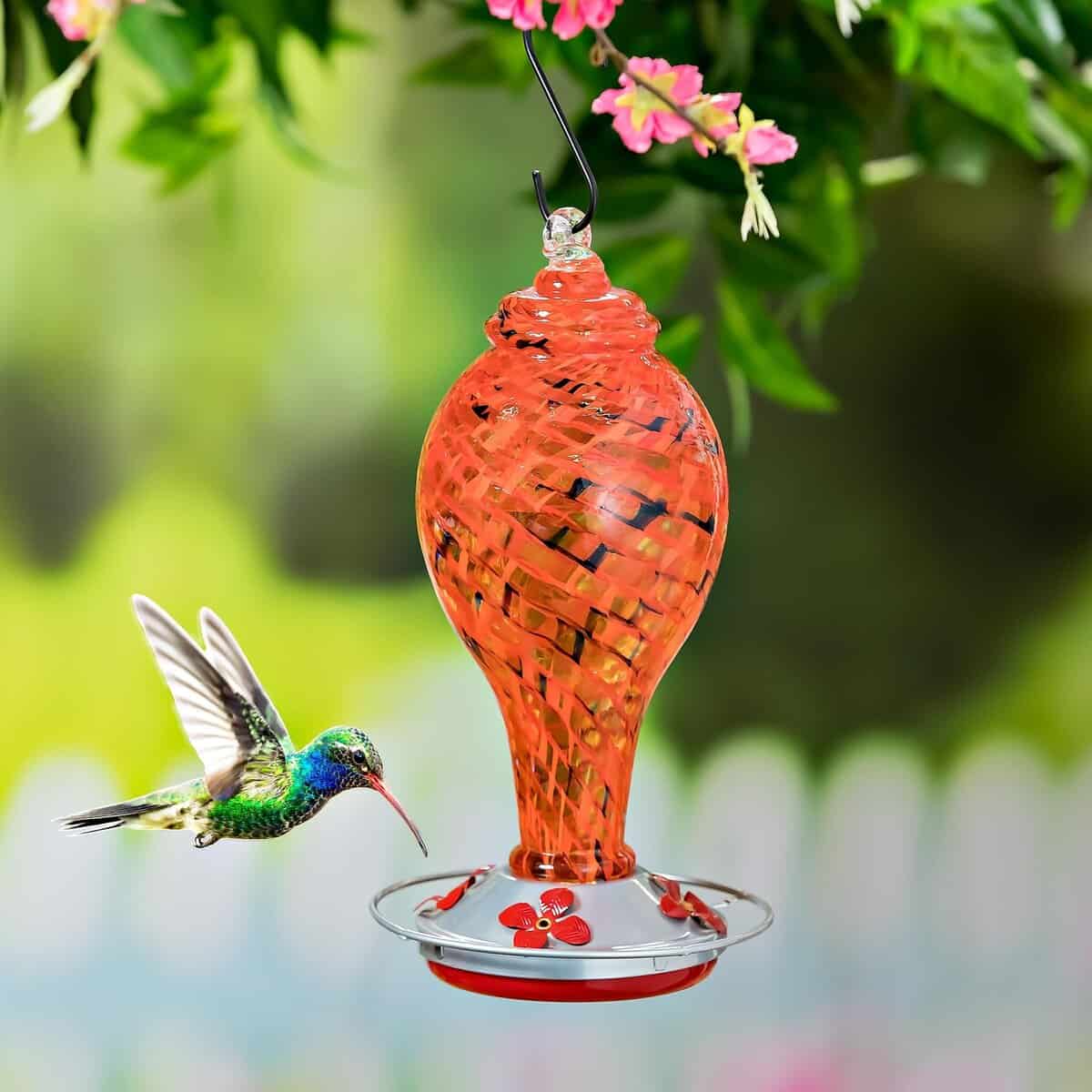 Pollinator Garden Bird Feeder, Red Speckled Art Glass Hummingbird Feeder with Bronze Gondola