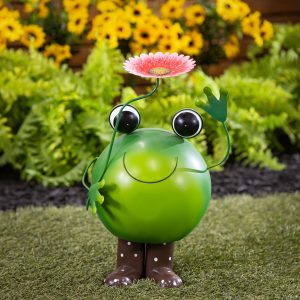 Pollinator Garden Statue, Metal Wobble Frog with Flower Statue, 18"H
