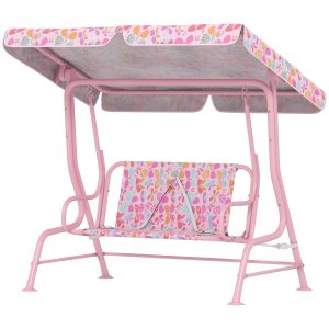 Qaba Kids Patio Swing, 2-Seater Outdoor Porch Swing with Safety Belt and Adjustable Canopy for Backyard Garden, Pink