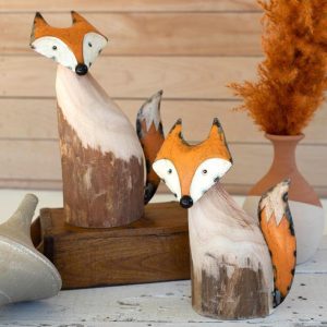 Recycled Metal and Wood Fox Garden Statue, Set of 2