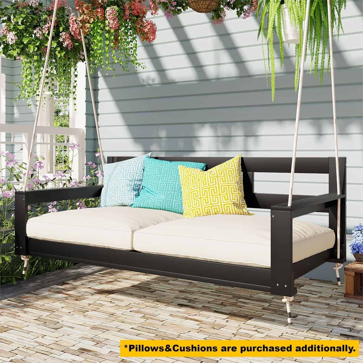 Twin Size Porch Swing Daybed with 4 Hanging Ropes and High Back, Acacia Wood Swing Bench for Garden, 82'' L x 40.5'' W x 27.5'' H, Black | Aosom.com