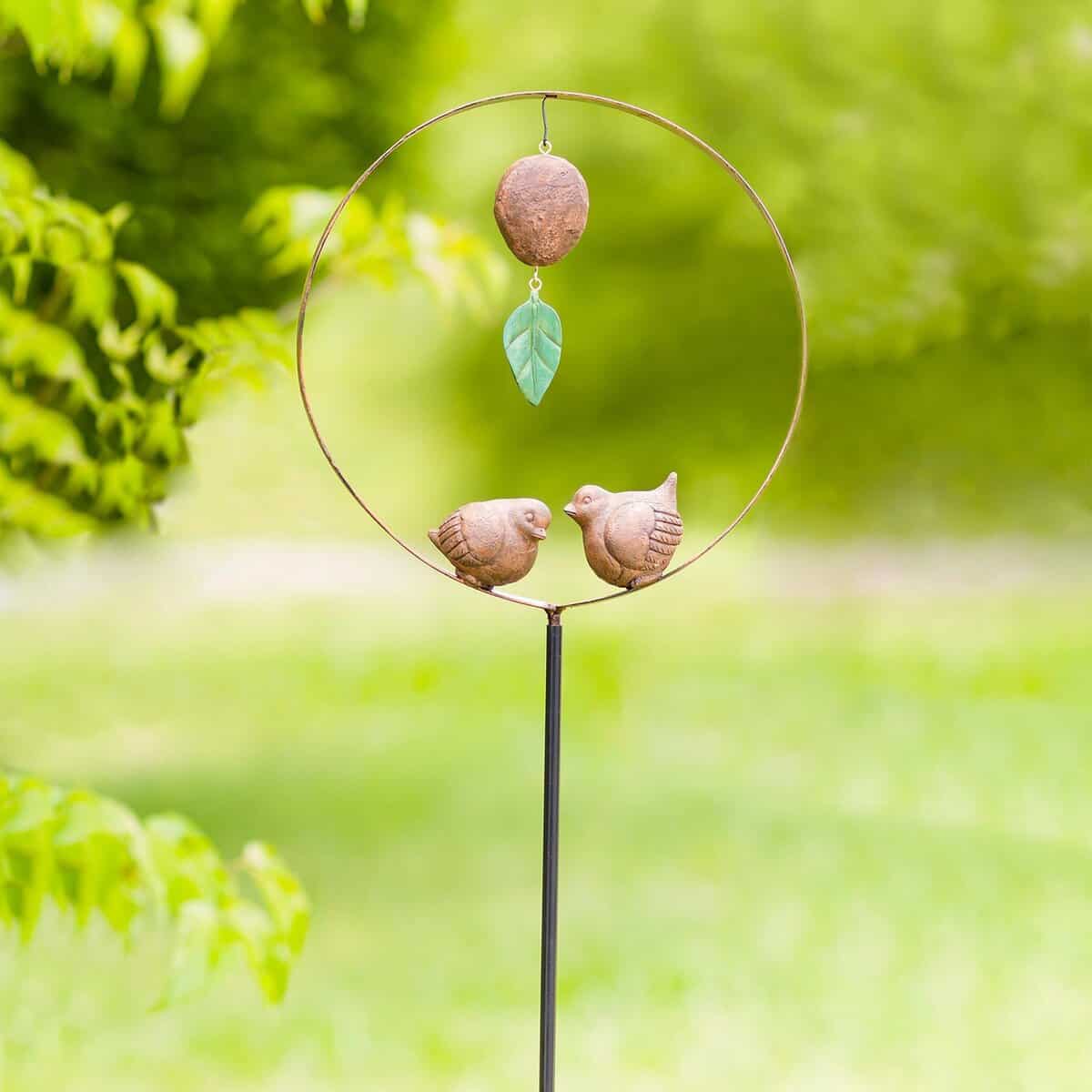 Two Faux Stone Birds in Metal Hoop Decorative Garden Stake