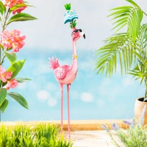Metal Flamingo with Blue Floral Umbrella Garden Statue, 26" H