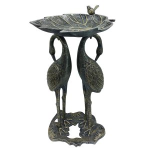 Cast Aluminum 30-in Twin Crane Bird Bath with Leaf Bowl - Silver