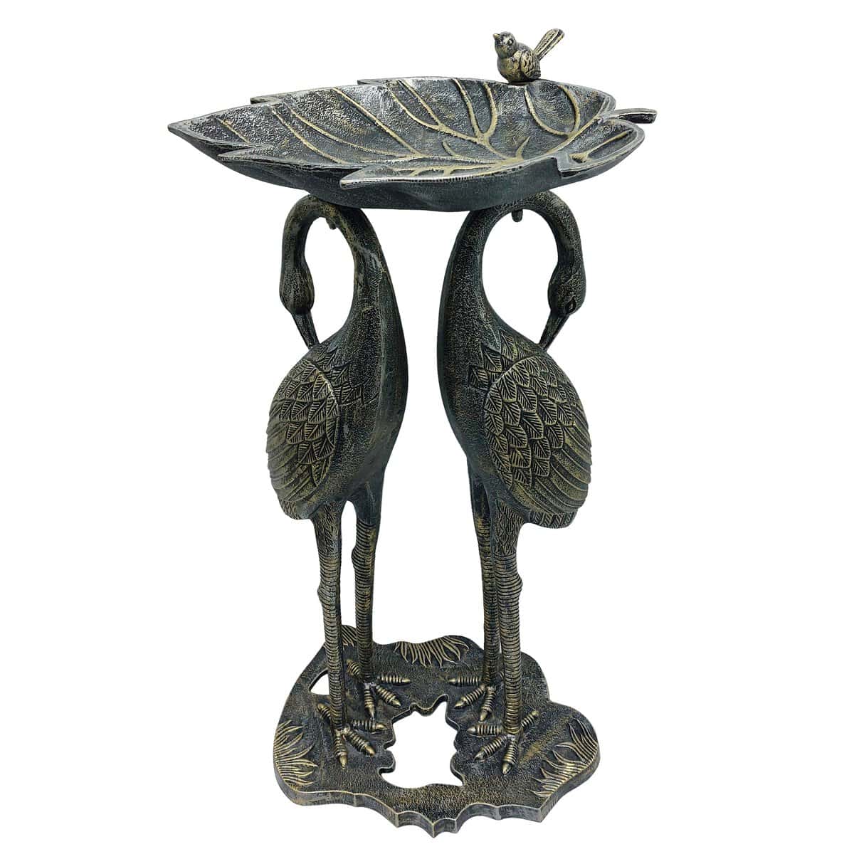 Cast Aluminum 30-in Twin Crane Bird Bath with Leaf Bowl - Silver