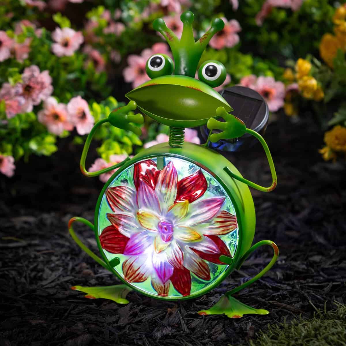 Cottage Garden Statue, Solar Metal & Glass Frog Statue, 10"H