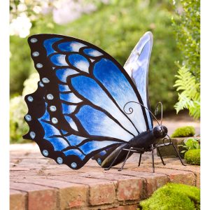 Hand-Painted Blue Metal Monarch Butterfly Outdoor Sculpture