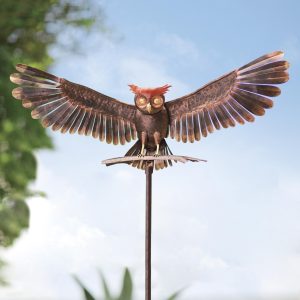 Handcrafted Bronze-Colored Metal Owl Garden Sculpture on Stake