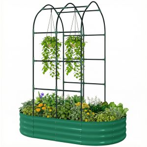 Outsunny Galvanised Raised Garden Bed with Arched Trellis, 5 x 3 x 6ft Metal Outdoor Planter Box with Open Bottom, Green