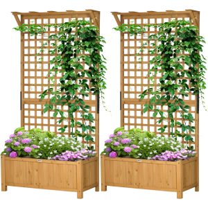 Outsunny Wood Planter with Trellis for Vine Climbing, Raised Garden Bed, Privacy Screen for Backyard, Patio, Pack of 2, Yellow