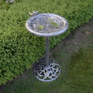 Round Cast Aluminum Metal 32-in Bird Bath with Hummingbirds - Silver