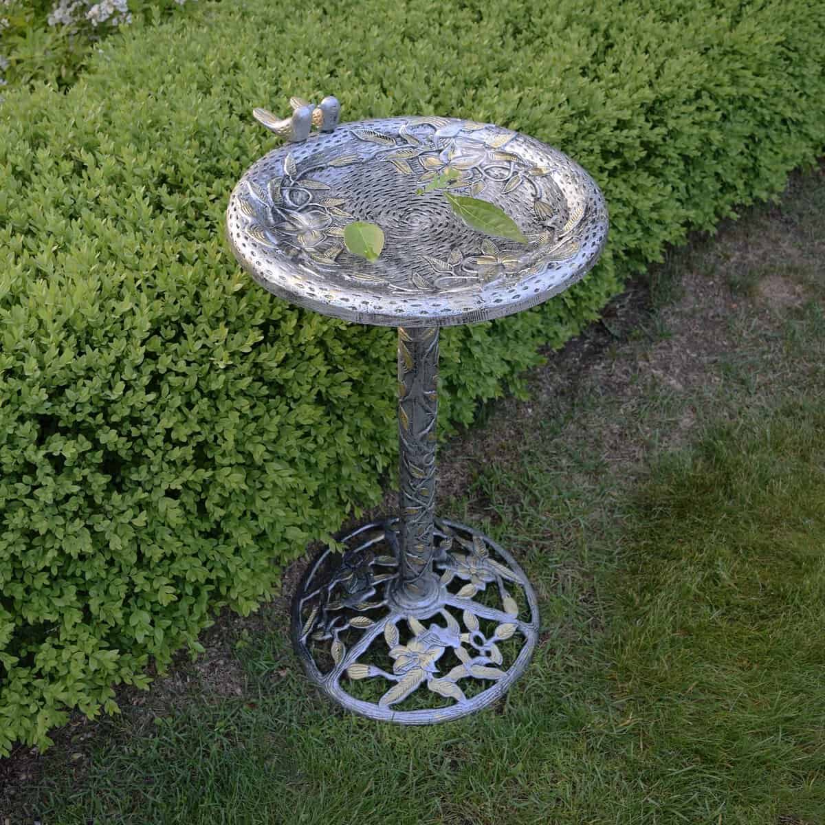 Round Cast Aluminum Metal 32-in Bird Bath with Hummingbirds - Silver