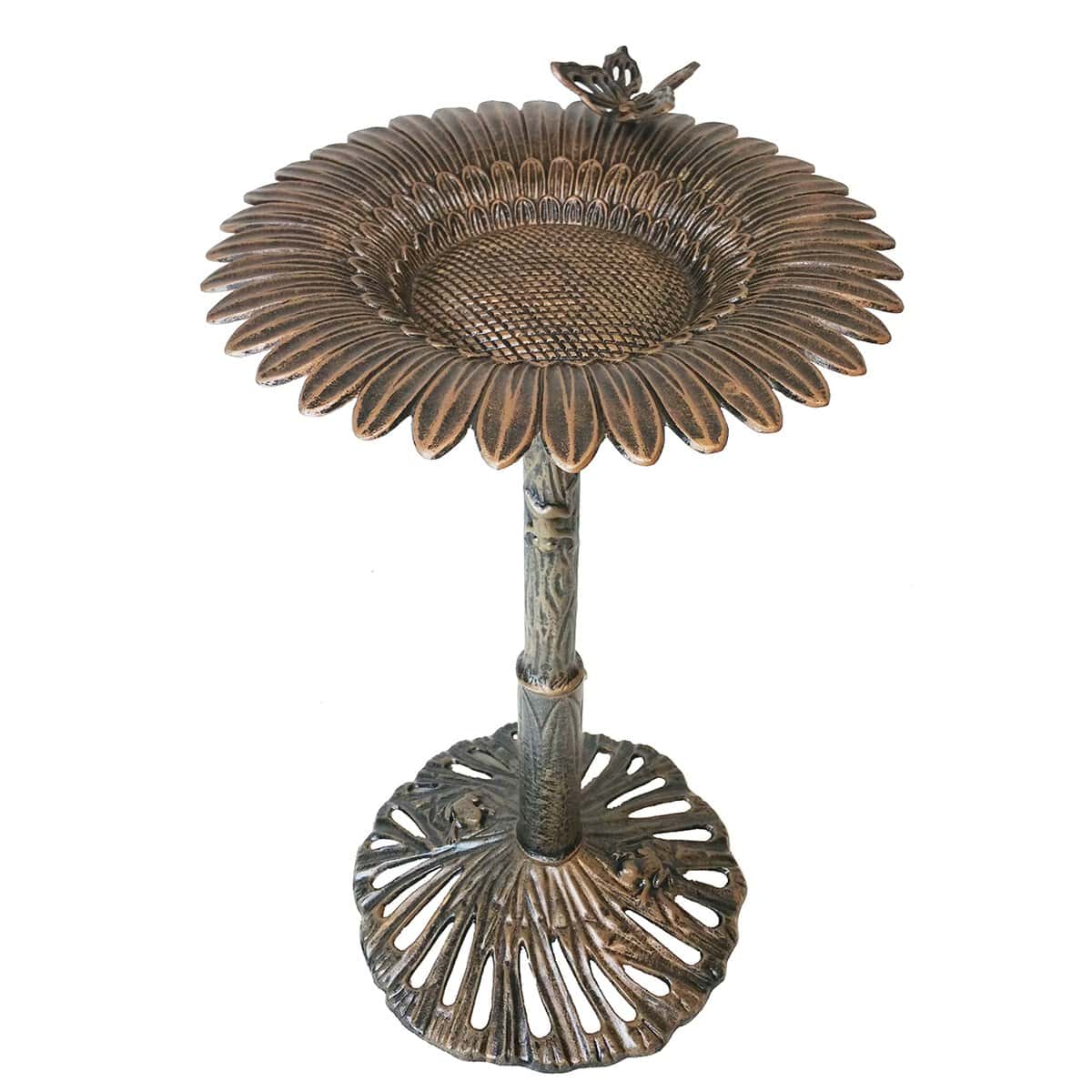 Round Cast Aluminum Metal 32-in Bird Bath with Sunflower Butterfly - Bronze
