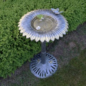 Round Cast Aluminum Metal 32-in Bird Bath with Sunflower Butterfly - Silver