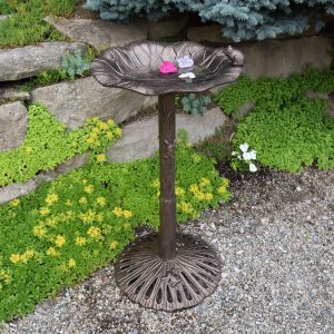 Round Cast Aluminum Metal 35-in Frog Bird Bath with Leaf Bowl - Bronze