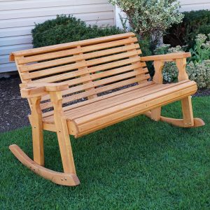 Amish Casual Roll Back Wooden Outdoor Double Rocker Bench - Oak Stain / Without Clearcoat / With Cupholder Armrests