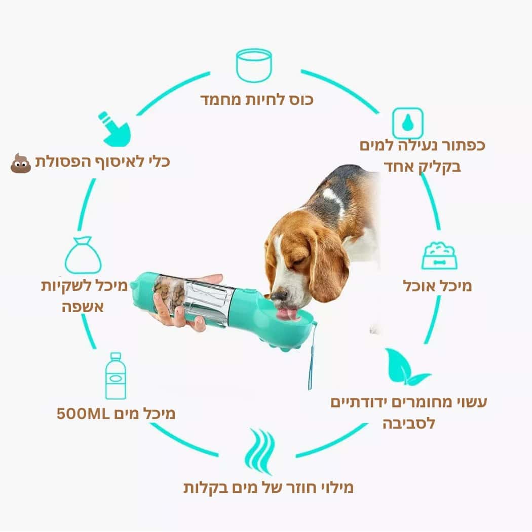 בקבוק שתייה ואוכל נייד לטיולים 4 ב-1 עבור כלבים