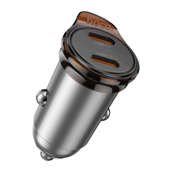 מטען רכב מהיר HOCO NZ16B עם שתי יציאות USB-C, עיצוב מודרני וקומפקטי, מתאים לטעינה מהירה של מכשירי סלולרי וטאבלטים בזמן נסיעה.
