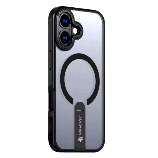 כיסוי MagSafe לשימוש עם iPhone 17 הכולל מעמד שחור נוח ומעוצב, המאפשר עמידות והגנה מושלמת לטלפון עם אפשרות להנחה נוחה בזכות הטכנולוגיה המתקדמת של Miracase.