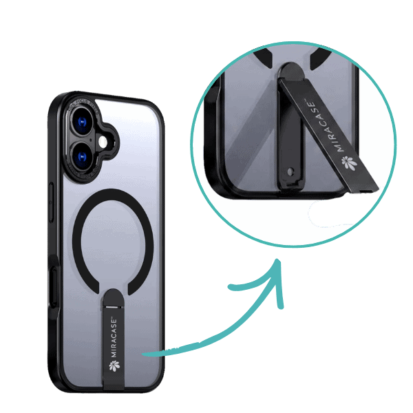 כיסוי MagSafe לשימוש עם iPhone 17, כולל מעמד שחור נייד ליציבות והגנה מקסימלית. עיצוב מודרני ופרקטי המשלב פונקציונליות ואסתטיקה.