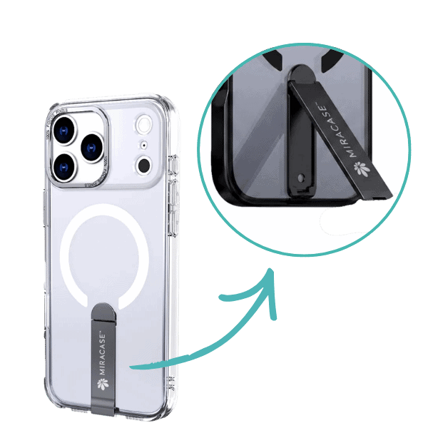 כיסוי שקוף ל-MagSafe עם מעמד ל-iPhone 17 Pro, עיצוב עמיד ומודרני המאפשר טעינה אלחוטית נוחה ושימוש במעמד לתמיכה בטלפון.