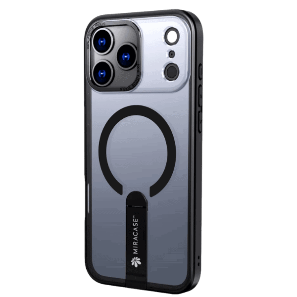 כיסוי MagSafe שחור ל-iPhone 17 Pro Max עם מעמד מובנה, המאפשר עמידות והגנה מקסימלית לטלפון, עם עיצוב מודרני ופרקטי.