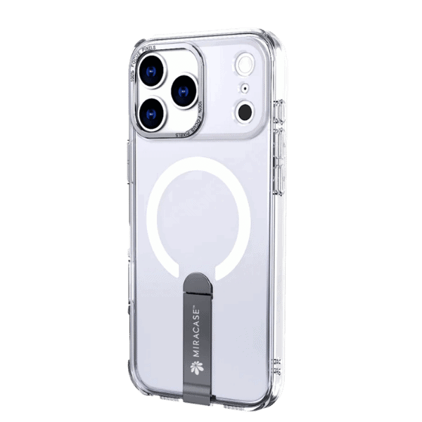 כיסוי שקוף MagSafe עם מעמד ל-iPhone 17 Pro, המגן על הטלפון ומאפשר טעינה אלחוטית נוחה. עיצוב מודרני ופרקטי לשימוש יומיומי, מתאים ל-iPhone 17 Pro עם מעמד יציב לנוחות מקסימלית.